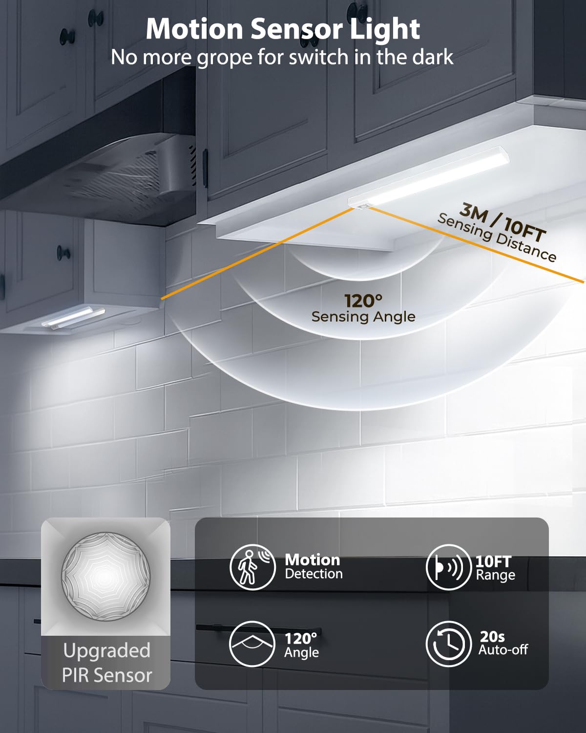 10” Under Cabinet Lighting, 68LEDS Motion Sensor Light Indoor, Rechargeable Battery Magnetic Closet Light, Wireless Under Counter Lights for Kitchen, Stairs, 2-Pack Daylight