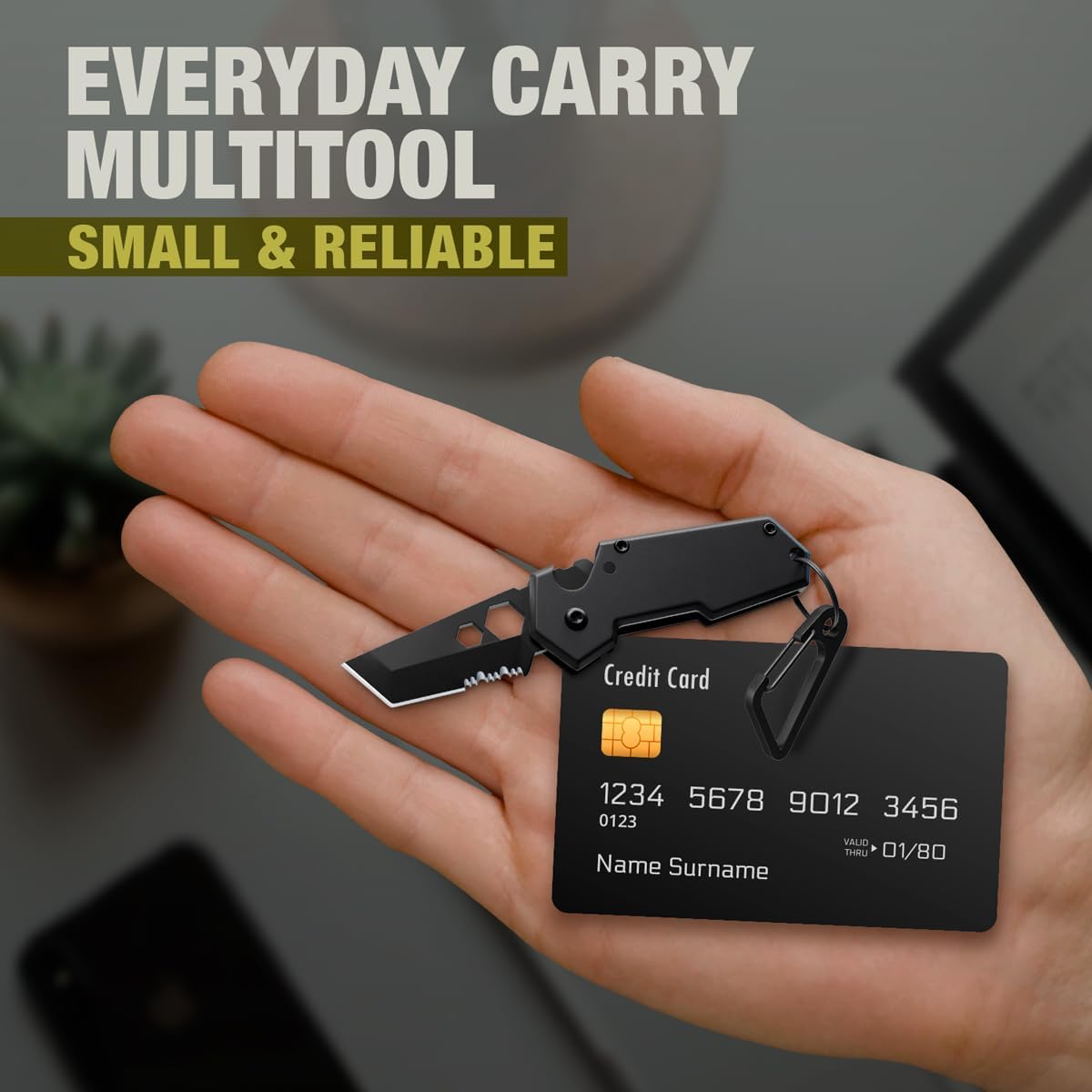 Mini Keychain Knife by [Brand Name] - 1.3” Tanto Serrated Blade | 6-in-1 Black Multitool with Carabiner
