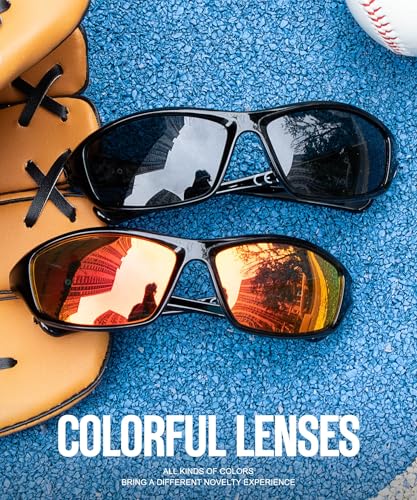 OUKEMAX Polarized Sports Sunglasses Men Women UV Protection Wrap Around 3 Pack Z2-Black/Ice Blue/Red