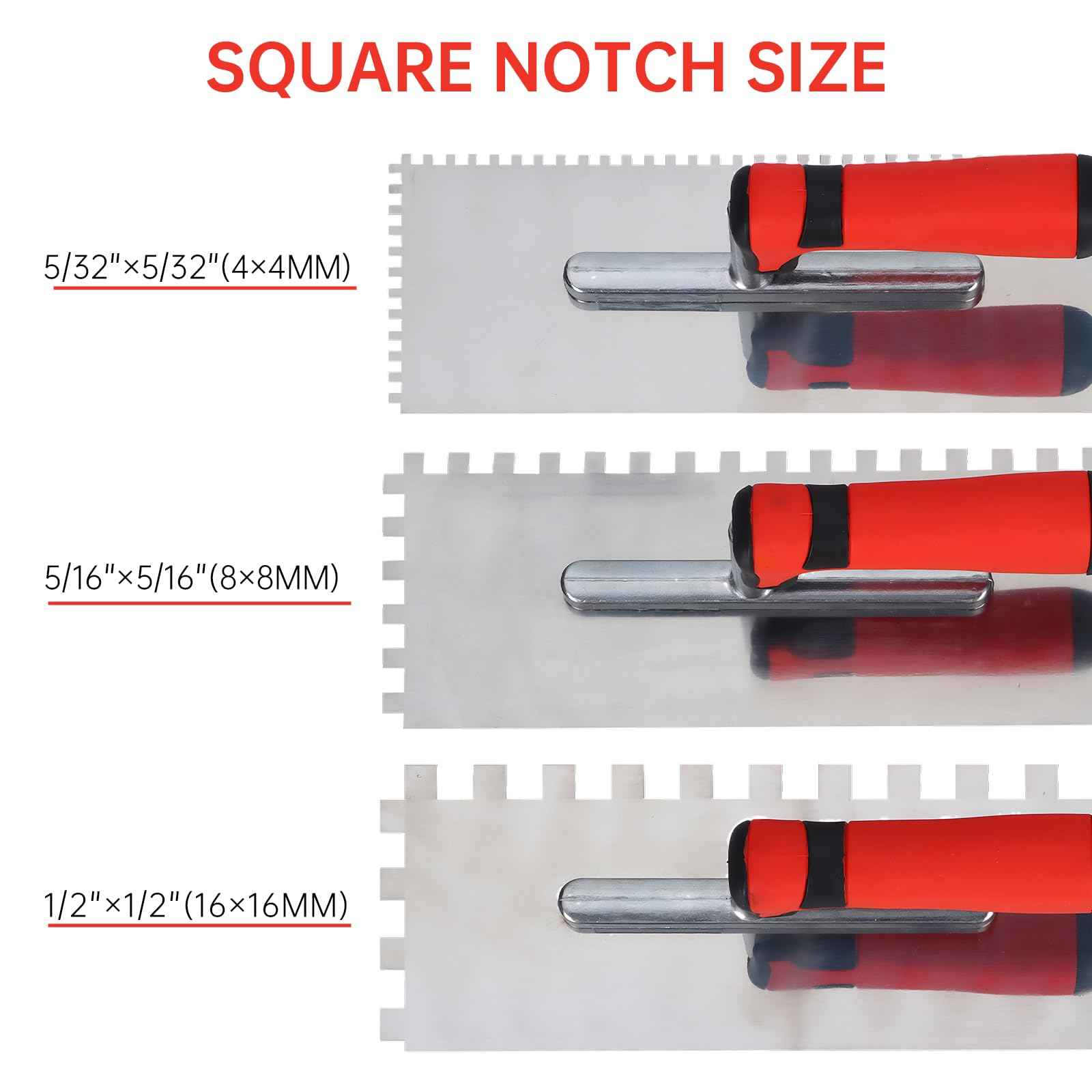 Square Notched Tile Trowel Set,Made of Premium Stainless Steel,with Grout Sponge and Work Gloves, Masonry Tools for Tiling Installation(Notch Size: 5/32" & 5/16" & 1/2")