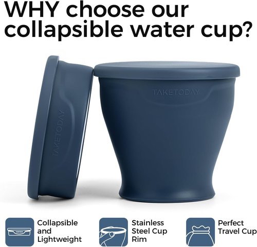 TakeToday 2PCS Collapsible Travel Cup - Silicone Foldable Water Cup, BPA-Free with Lid & Waterproof Bag - Drinking Cup Set for Camping, Outdoors & International Travel（8 Oz, Blue& Green）
