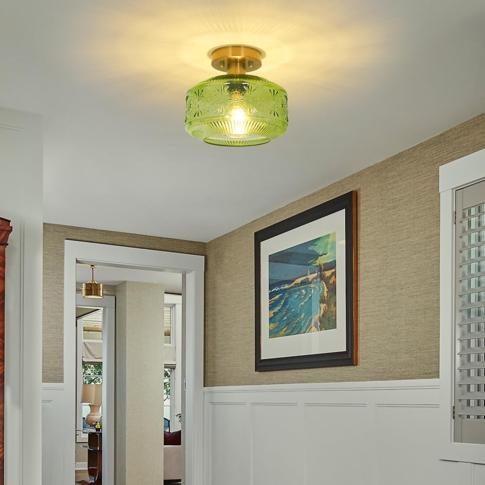 Vintage Semi Flush Mount Ceiling Light Fixture - Brass & Thickened Glass for Hallway, Entryway, Bedroom, Bathroom
