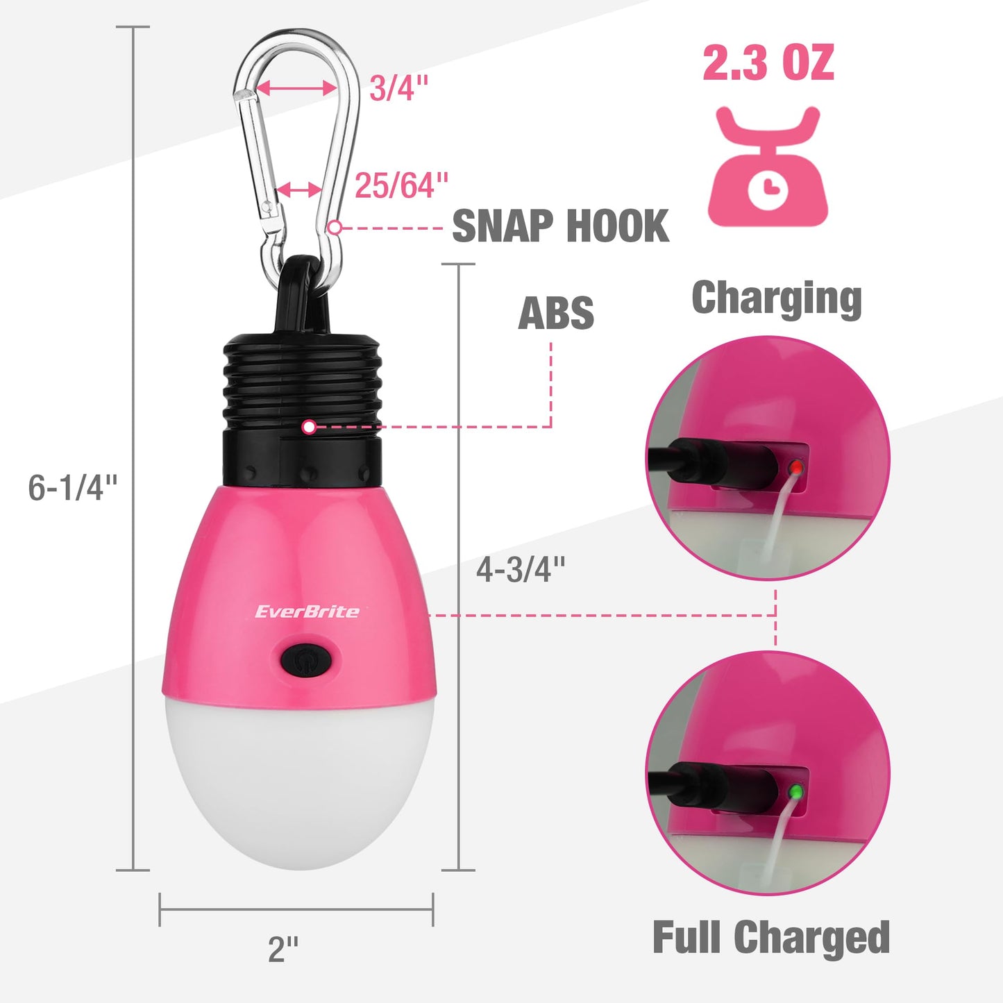 EverBrite Rechargeable Camping Light, Portable Tent Lantern,3 Lighting Modes, Hanging Tent Light Bulbs with Clip Hook for Hiking, Fishing, Backpacking, Emergency and More-Pink