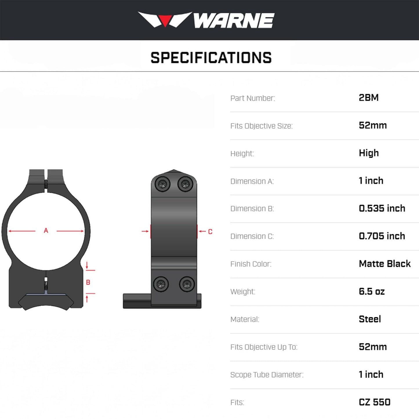 WARNE 1-inch CZ PA Matte Rings for Precision Rifle Shooting