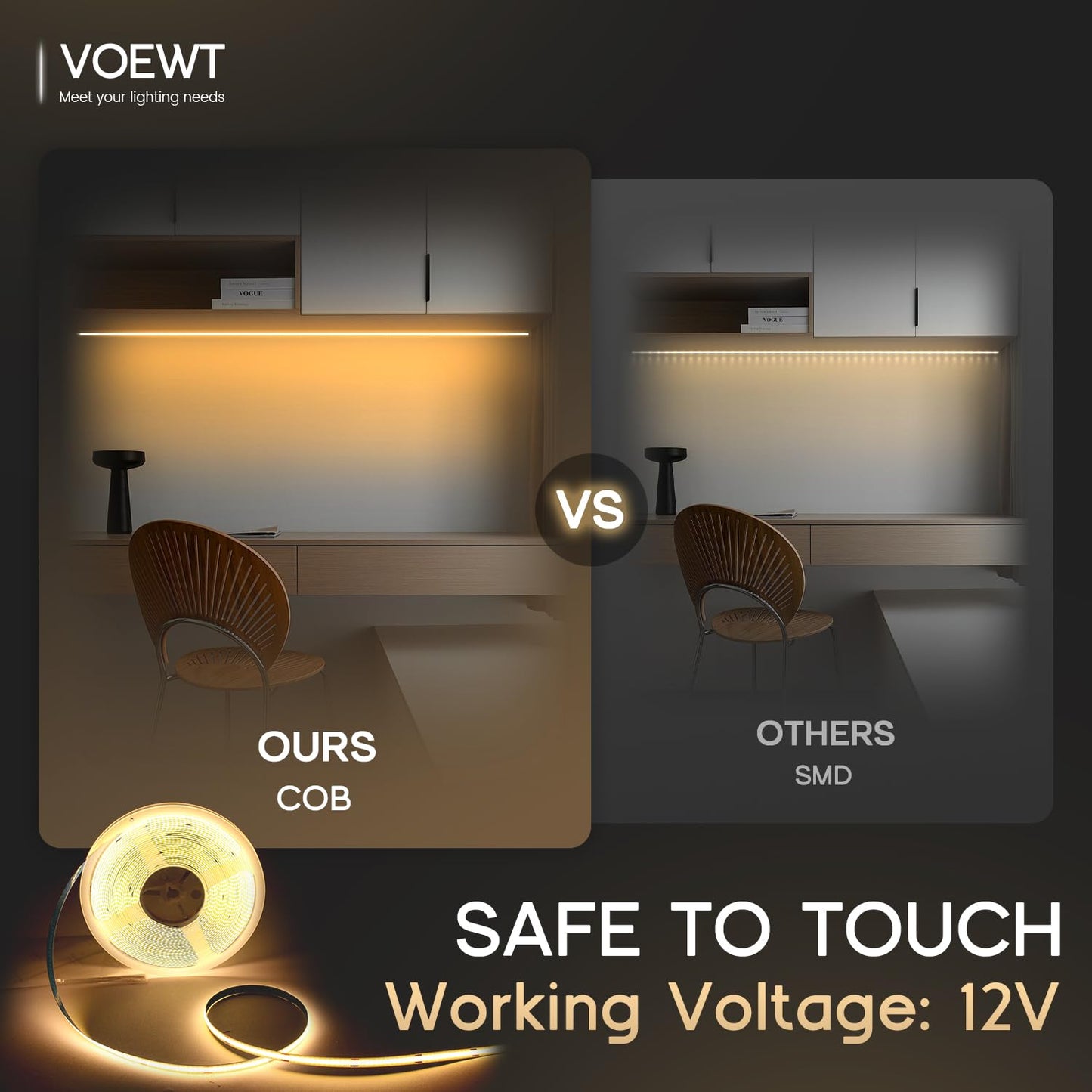 VOEWT COB LED Strip Lights Daylight White 6000K,16.4ft 12V High CRI 95Ra+ Super Bright,Flexible Tape Lights for Bedroom,Mirror,Kitchen Cabinet, Living Room(Power Supply Not Included)