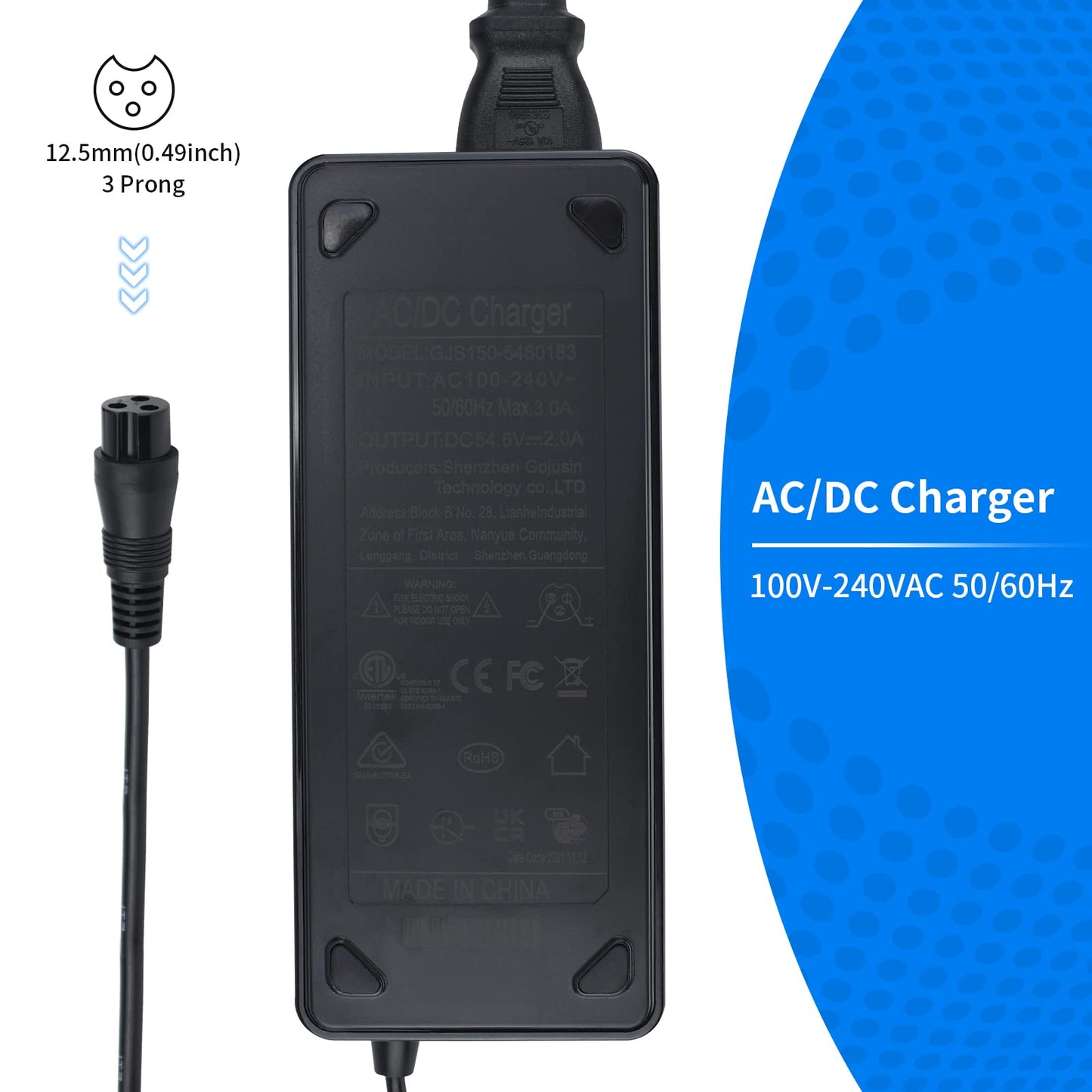 54.6V 2A Charger for Electric Scooter 48V Lithium Li-ion Battery, Power Supply for 120W 54.6 Volt Li-ion Connector Replacement with M16 Connector, 3 Prong Jack GX16