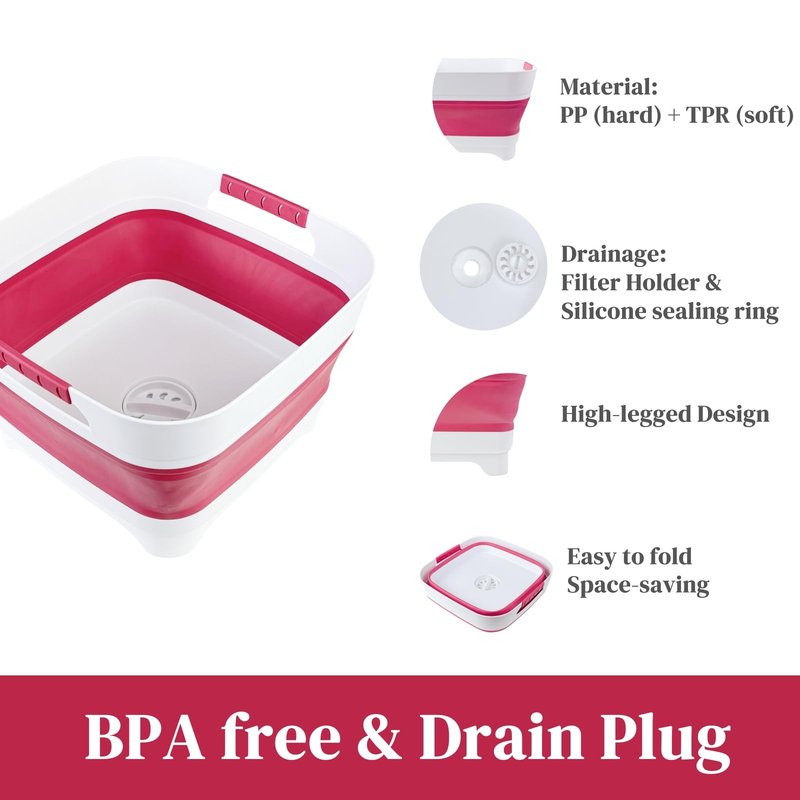 GIMWA 2.6 Gal(10L) Collapsible Camping Sink, Magenta Space-Saving Collapsible Dish Basin with Drain Plug for bottle washing, Collapsible Bucket for RV Essentials and Foot Soaking