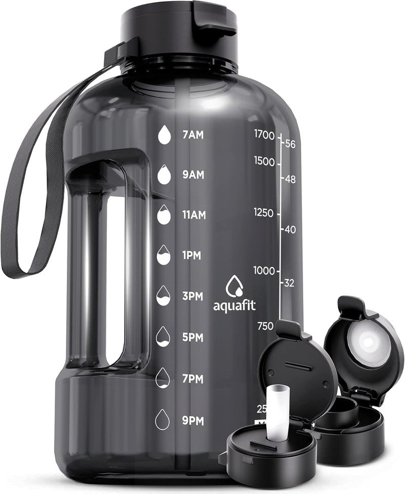 AQUAFIT 64 oz Water Bottle with Time Marker - Straw & Chug Lid - BPA Free Half Gallon Gym Water Bottle with Handle - Big Gallon Jug (Gray, 64 Ounces)