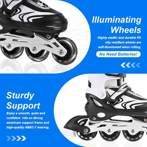 ZHUKAIKJ Kids Inline Skates for Boys and Girls, 4 Size Adjustable Inline Skates with All Light Up Wheels for Toddler Kids Beginner Outdoor Indoor Sport (Black&White, Small)