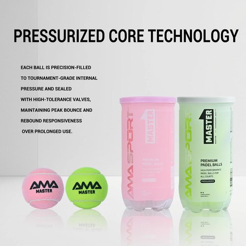 AMA SPORT Padel Balls 1 Tube of 2 Pressurized Padel Tennis Balls Meets Competitions and Tournaments Standards Suitable for Any Surface or Sites (Pink Master)