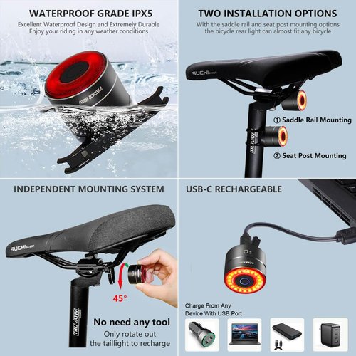 PADONOW Smart Bike Tail Light: USB Rechargeable Rear Bicycle Brake Light High Lumen Safety Red Led Cycling Taillight (Classic Brake Light)