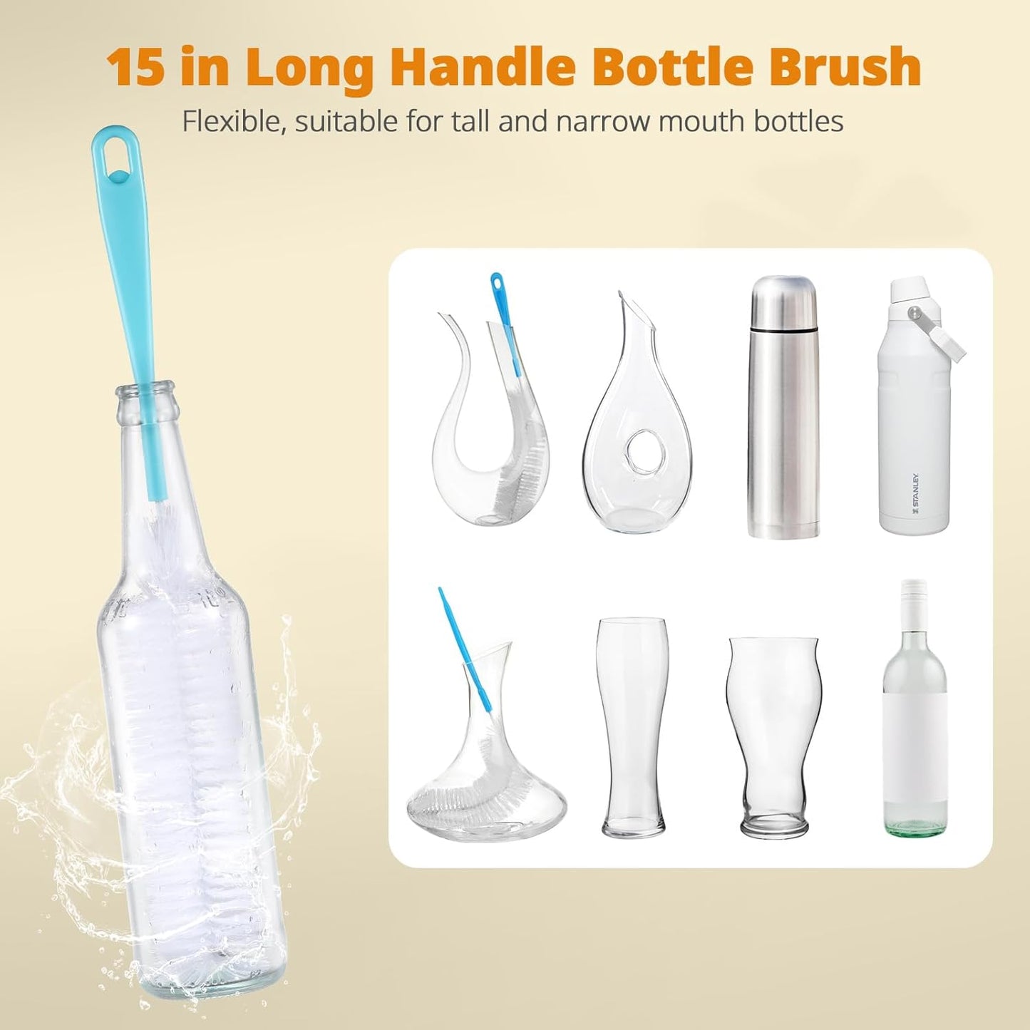 OUTXE Bottle Brush Set - 5-in-1 Water Bottle Cleaner with Long Handle & Straw Brushes | 15" Length