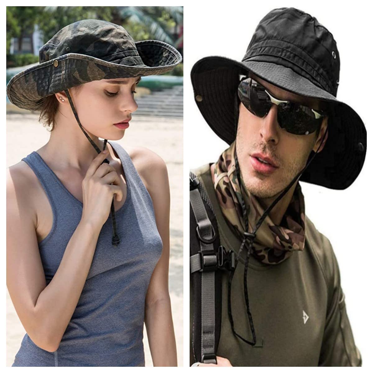 Sun Hats for Men Women Bucket Hat UPF 50+ Boonie Hat Foldable UV Protection Hiking Beach Fishing Summer Safari(2pack-Blue Digitally+Black)