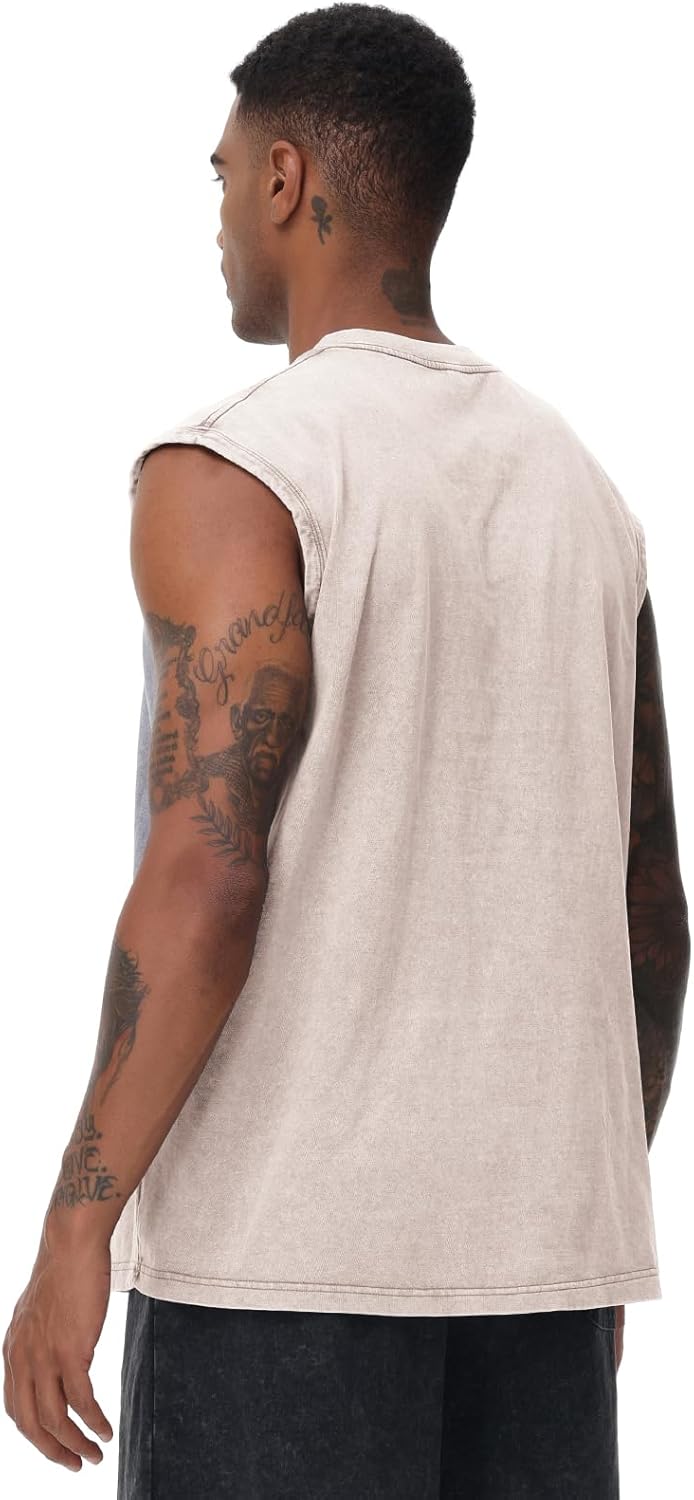 Skiennix Men's Workout Tank Top - Sleeveless Muscle Tee for Gym & Beach - Acid Wash Design