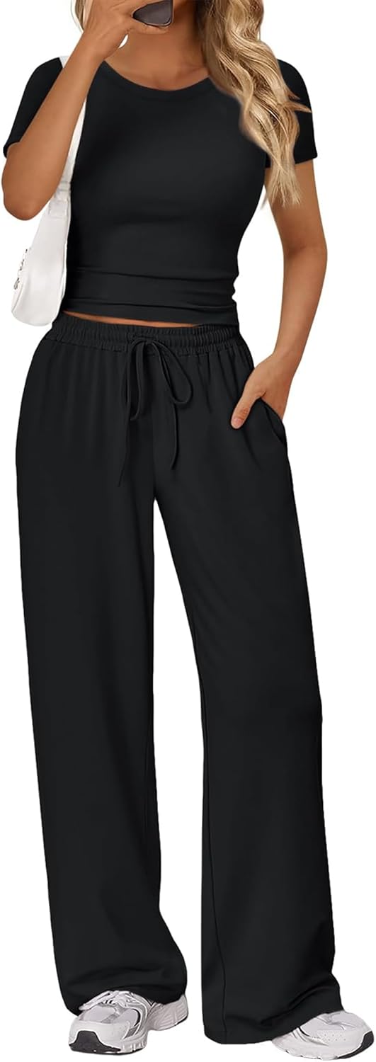 Skiennix 2-Piece Lounge Set for Women - Trendy Summer Slim Short Sleeve Top & Wide Leg Pants