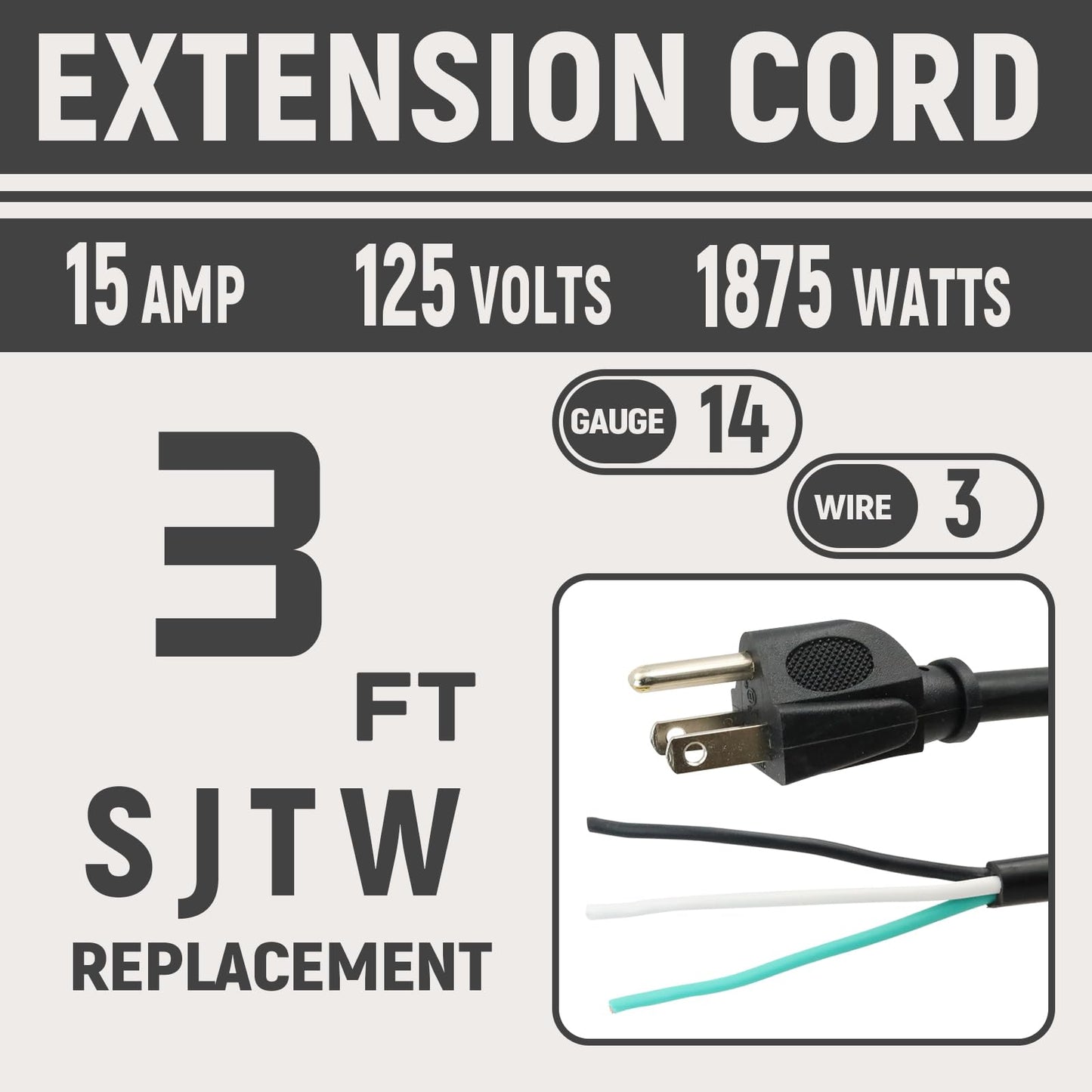 GreenProsper Industries Inc 3-Wire Appliance and Power Tool Cord, 3 ft, 14 AWG, 15A/125V AC, 1875w, Black, 2pack