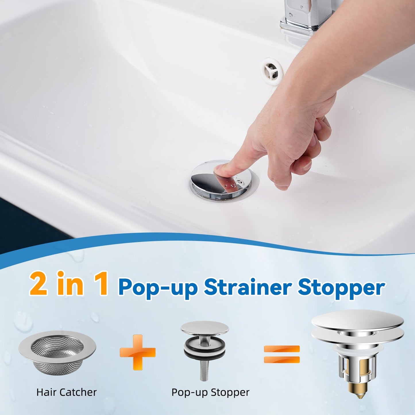 iFealClear Universal Bathroom Sink Stopper, Metal Pop Up Sink Drain Strainer with Detachable Hair Catcher, Fits 1.1"-2.36" US Basin, Wash Basin Drain Plug with Big Cover Cap, Brass Bounce Core, Chrome