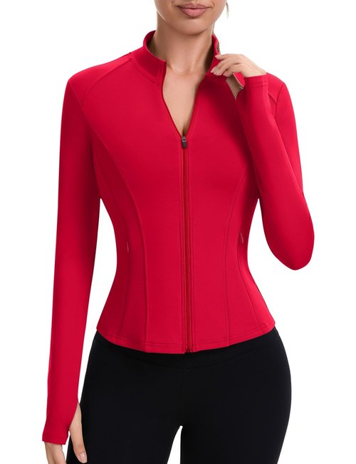 ZHENWEI Yoga Outfits for Women Zip Up Lightweight Cropped Jackets Athletic Long Sleeve Tight Running Clothes (Red, L)