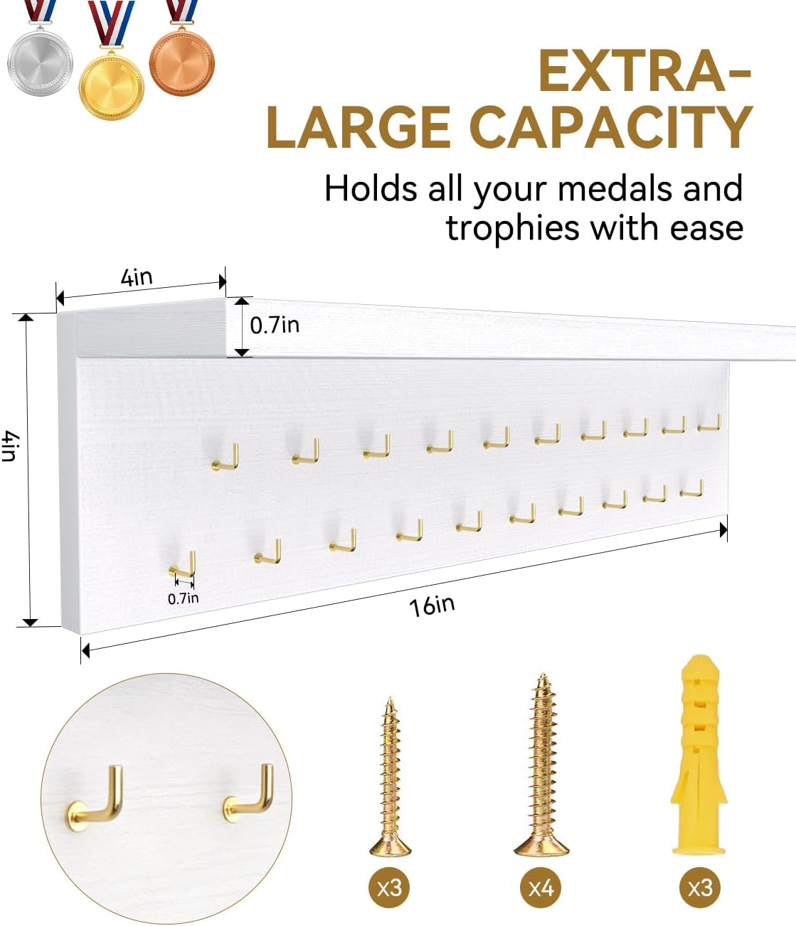 Wooden Medal Hanger Display - Sturdy Trophy Shelf with 19 Hooks for Gymnastics, Soccer, Running Awards