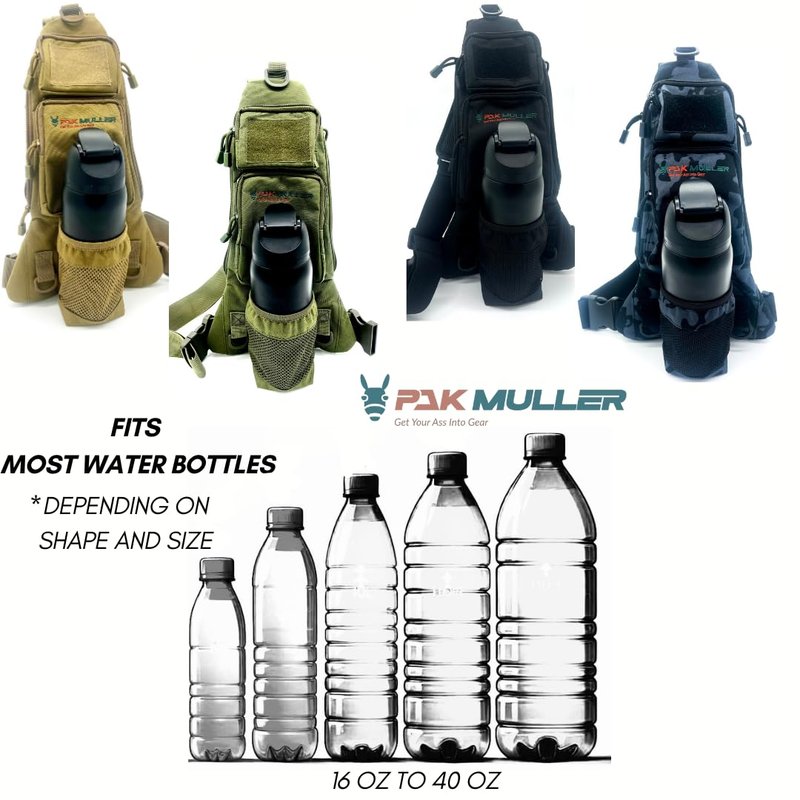 Pak Muller Crossbody Sling Bag Water Bottle Holder, RFID Back Pocket, Travel, Hiking, Everyday Go Bag, Chest Bag, Unisex, Slim Profile, Mid-Size (Black)