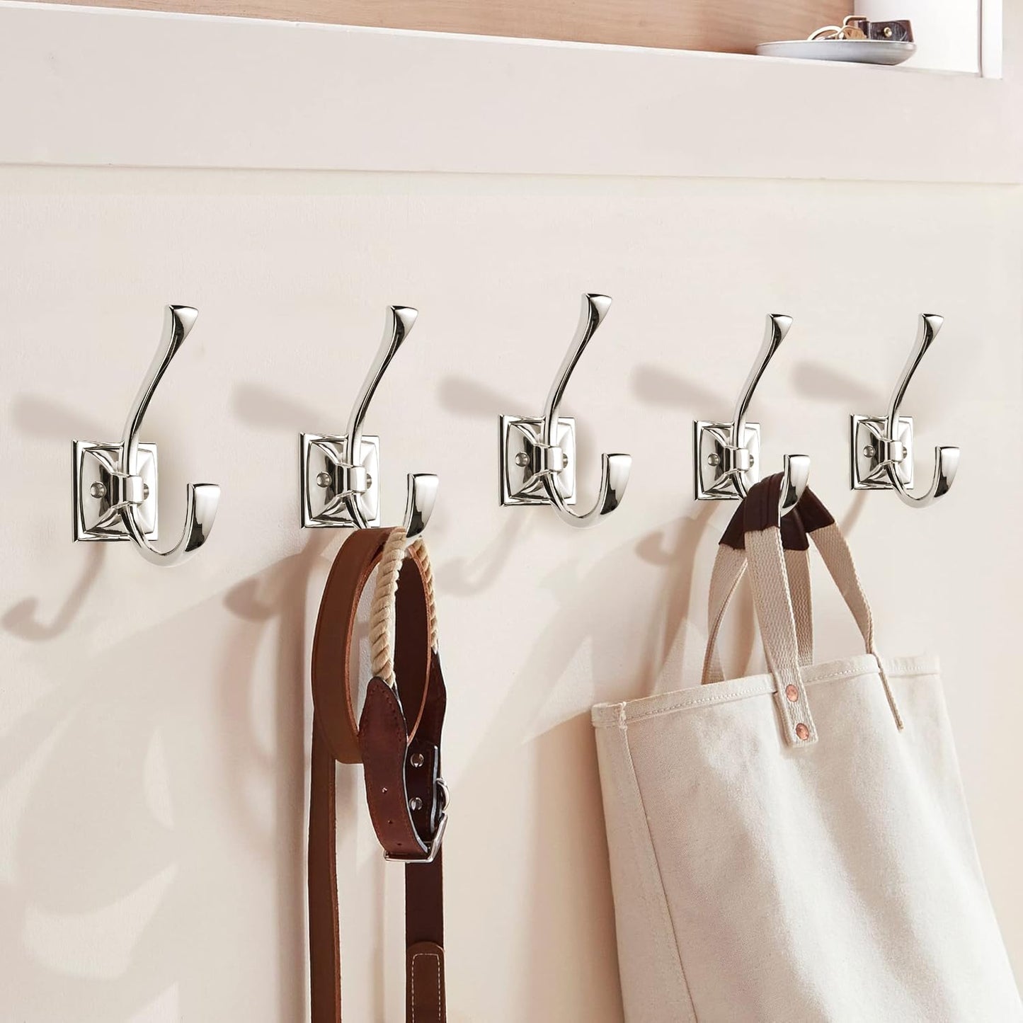 ZAUYX Large Wall Hooks 2 Pack - Polished Nickel Coat and Towel Hook Hardware - 4.35 Inch Double Robe Hook Wall Mounted With Screws for Hanging Coats, Keys, Towels, Bags, Cups, Hats