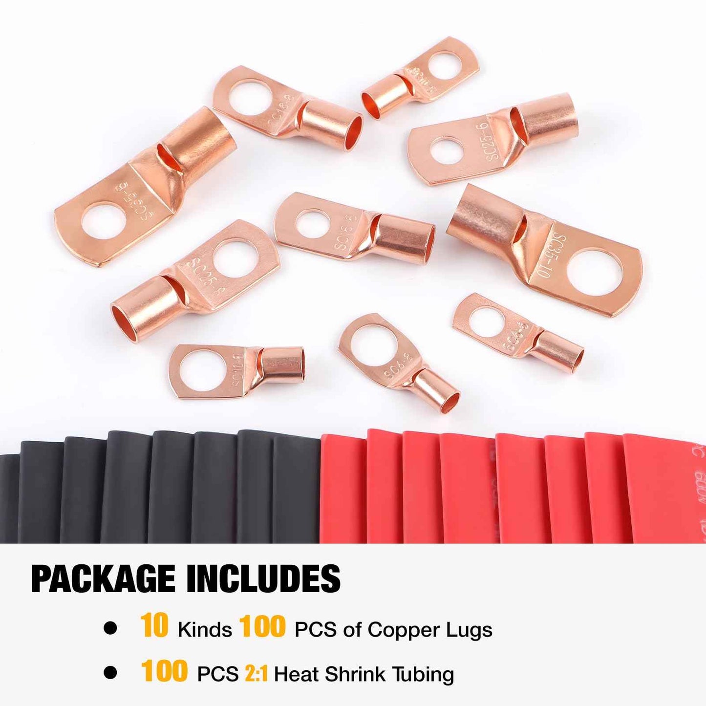 YUZES 200PCS Copper Wire Lugs AWG12 10 8 6 4 2 with Heat Shrink Set, Battery Cable Ends Ring Terminals Connectors, Crimp Terminals for Automotive, Marine, RV, Solar, Inverter & Audio Applications
