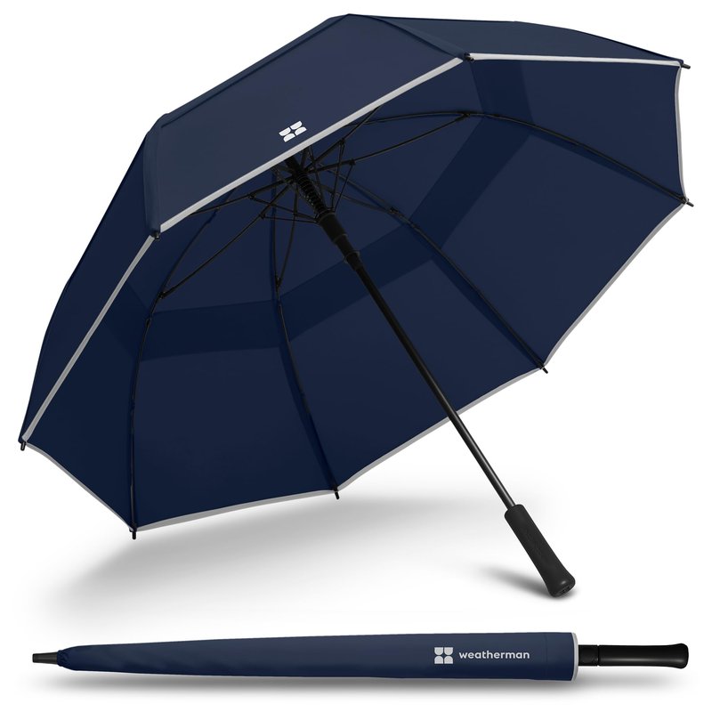 Weatherman Umbrella - Golf Lite Umbrella Extra Large Big Oversize Windproof for Golf Bag Push Cart w/ UV Protection - Waterproof Heavy Duty Umbrellas for Rain Sun for Men Women - Resists Up to 55 MPH Winds (Navy Blue)