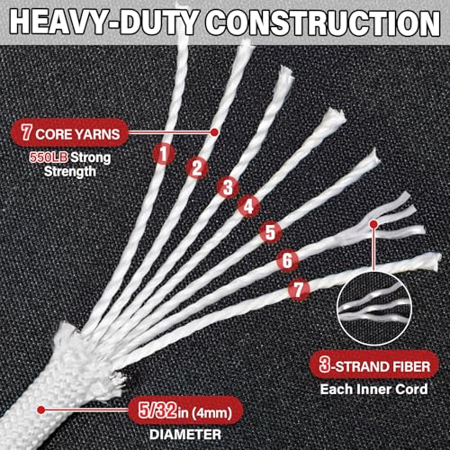550 lb Paracord Rope - 50ft 7-Strand Utility Cord for Camping - White