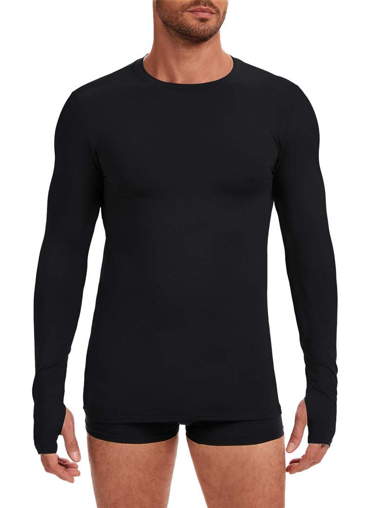 Tfovorlein Long Sleeve Undershirt for Men Thermal Underwear Shirts Fitted Fleece Lined Soft Warm Mens Running Basic Baselayer Winter Tops with Thumb Holes Black XL