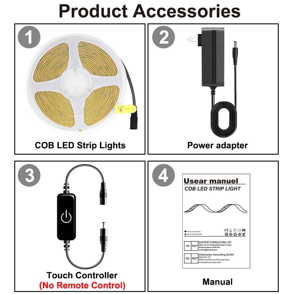Pandery COB LED Strip,LED Strip Lights 3M/9.84ft,Touch Dimmable LED Strips,CRI90+,3000K Warm White cob led,960LEDs,24V LED Tape Lights,Indoor for Bedroom, Kitchen, TV, Mirror,Cabinet