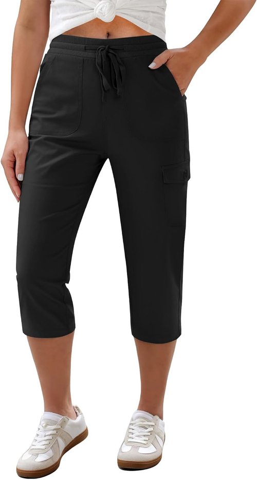 GRAPENT Capri Pants for Women - Casual Cargo Style with Elastic Waist & Drawstring | Comfortable Cotton Cropped Design