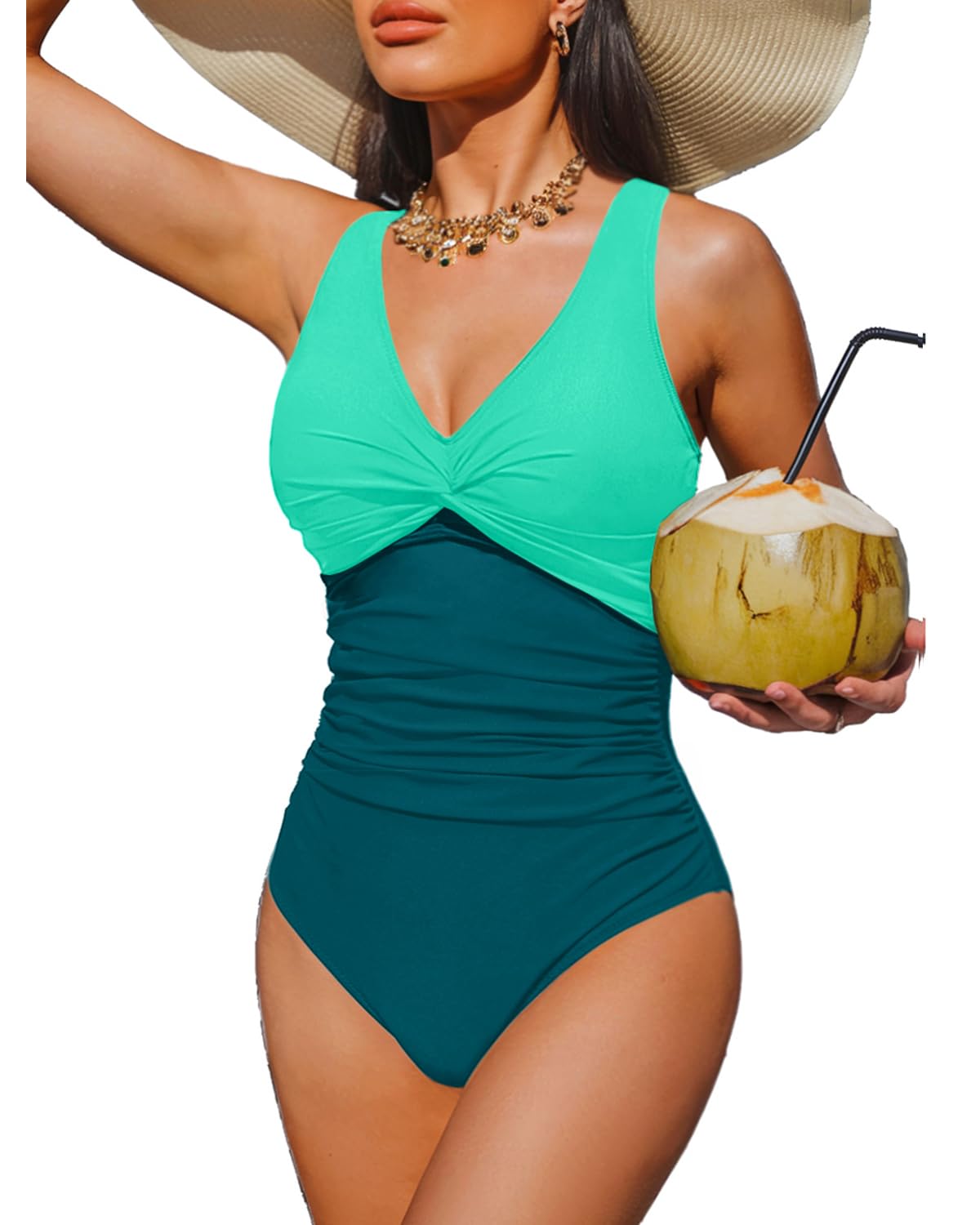 Holipick Green Color Block Women Tummy Control One Piece Swimsuit - Push Up Bathing Suit Full Coverage Slimming Swimwear M