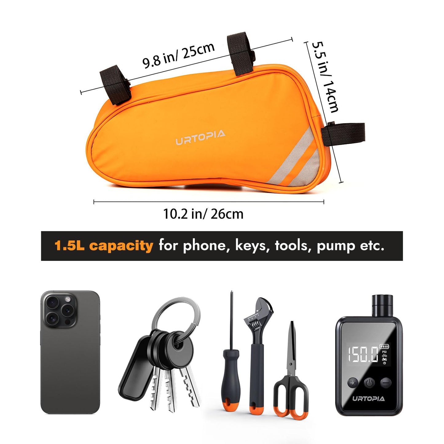 URTOPIA Bike Frame Bag, Waterproof Bicycle Storage Bag 1.5L, Large Volume, Easy to Install, Reflective Bike Triangle Bag, Down Tube Bike Bag for Road Bike, Mountain Bike, Bike Accessories (orange)