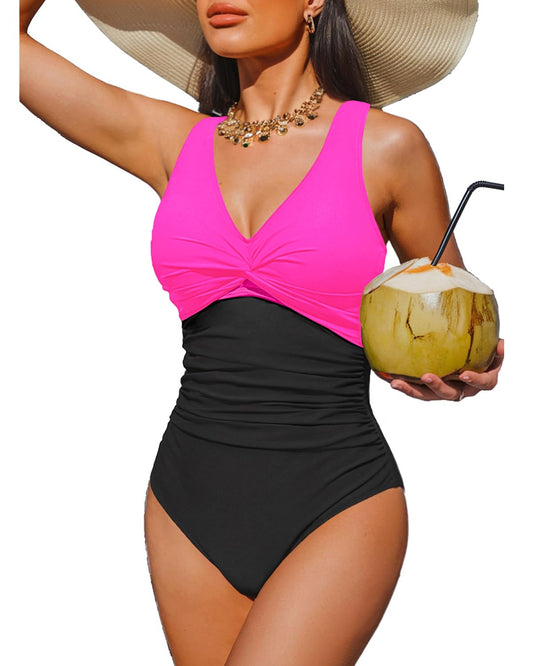 Holipick Hot Pink Black Tummy Control One Piece Swimsuit Full Coverage Bathing Suit M