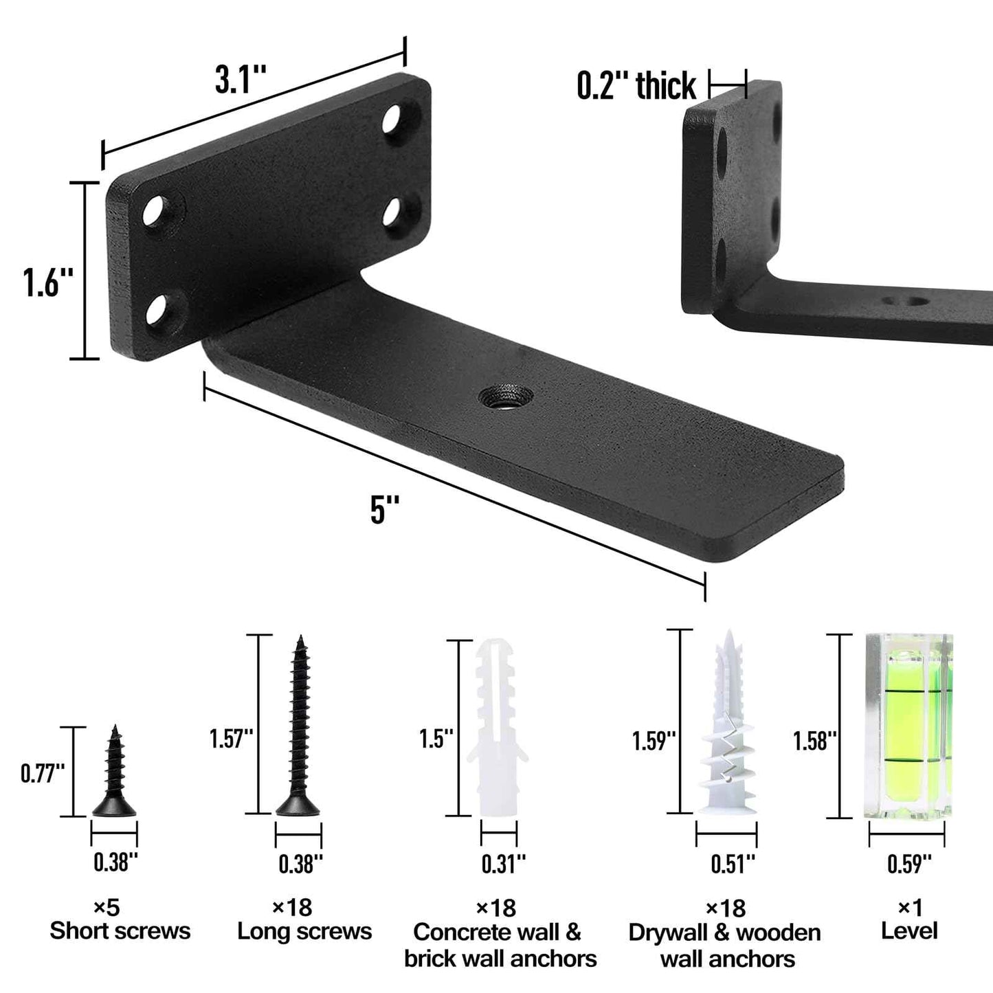 HITOMEN Heavy Duty Floating Shelf Brackets, 5-Inch (1/5'' Thick) Hidden Shelves Hardware, Iron L Brackets, Rustic Industrial Black Metal Wall Shelving Supports, 4 Pack