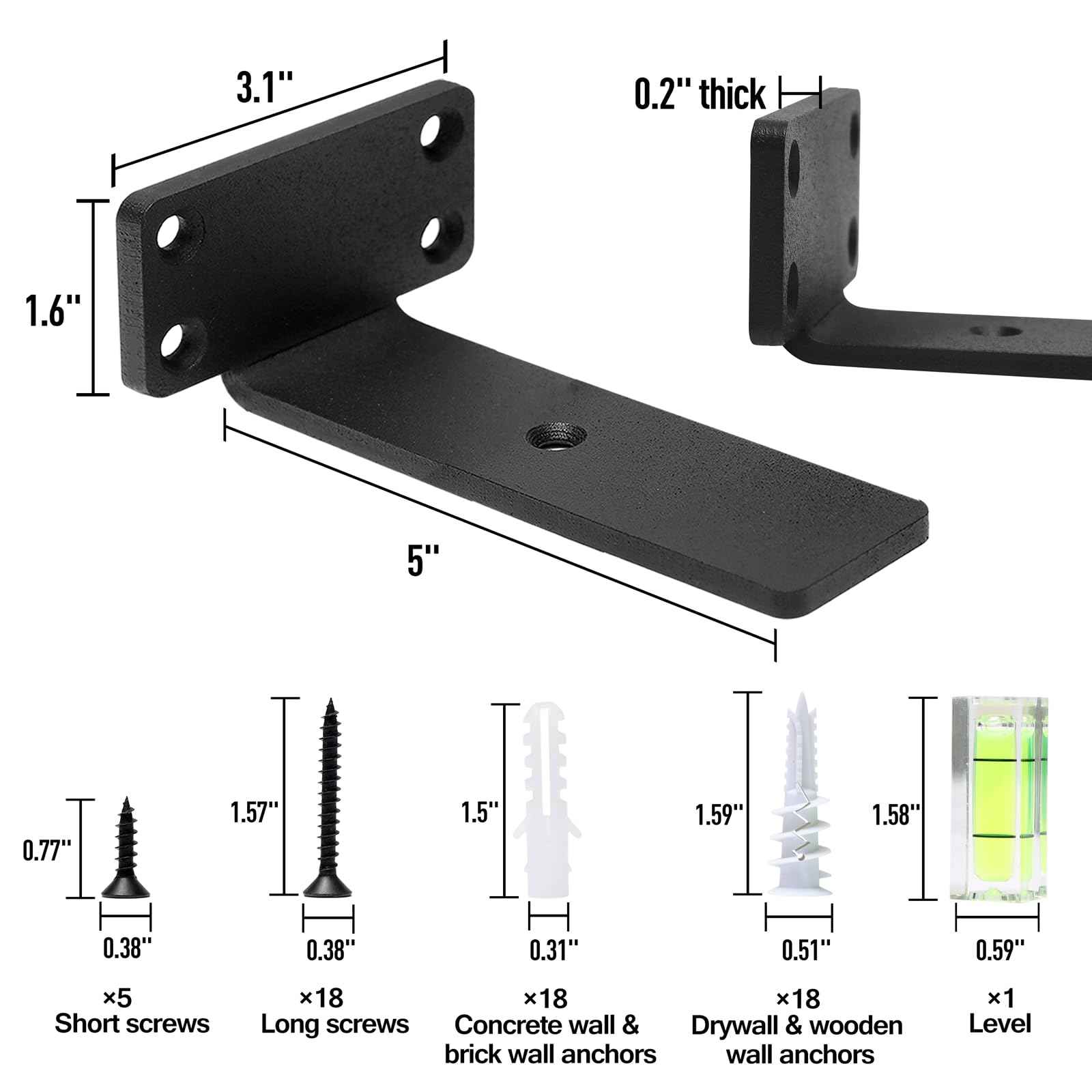 HITOMEN Heavy Duty Floating Shelf Brackets, 5-Inch (1/5'' Thick) Hidden Shelves Hardware, Iron L Brackets, Rustic Industrial Black Metal Wall Shelving Supports, 4 Pack