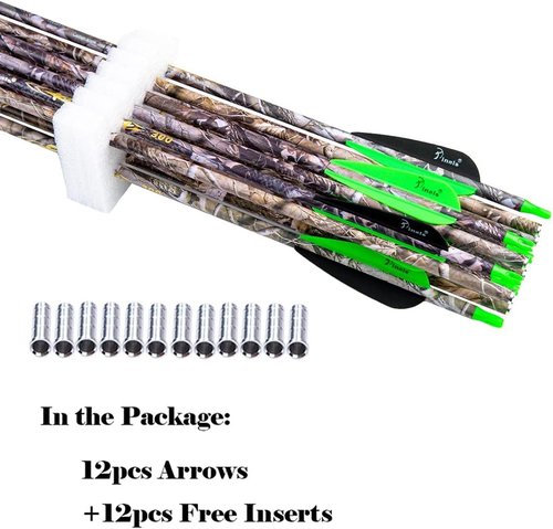 Archery Carbon Hunting Arrows - 28" 30" Spine 300 340 350 400 | Camo Arrow Shafts, Pack of 12