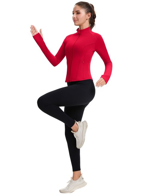 ZHENWEI Yoga Outfits for Women Zip Up Lightweight Cropped Jackets Athletic Long Sleeve Tight Running Clothes (Red, L)