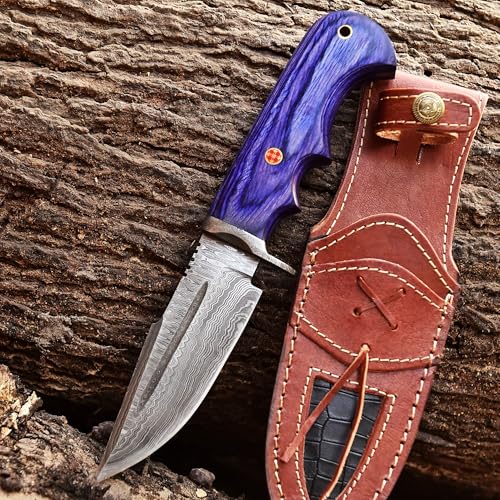 Damascus Hunting Bowie Knife with Leather Sheath - Outdoor Fixed Blade Knife for Camping & Skinning