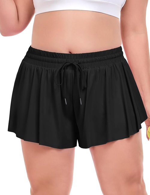 COOTRY Plus Size Flowy Athletic Shorts - 2-in-1 High Waist Butterfly Design for Summer Workouts