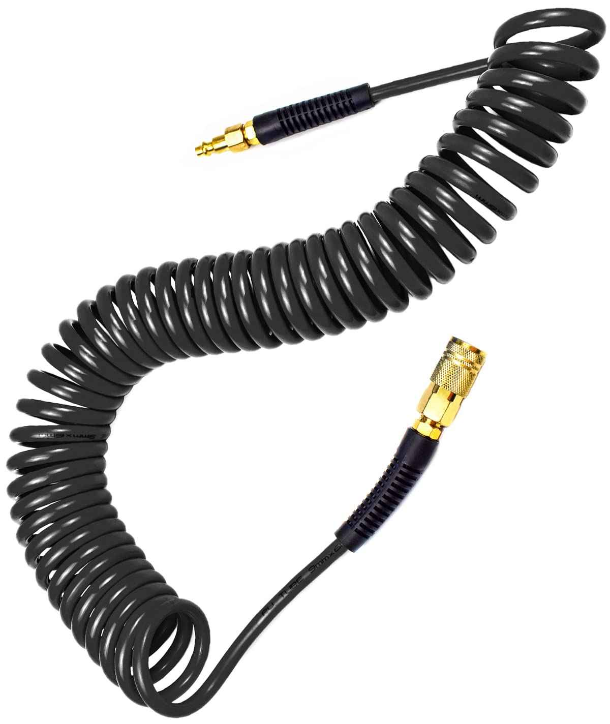 YOTOO Polyurethane Recoil Air Hose, Air Compressor Hose 1/4" Inner Diameter by 25' Long with Bend Restrictor, 1/4" Industrial Quick Coupler and Plug, Black