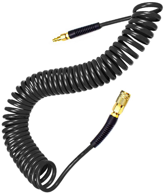 YOTOO Polyurethane Recoil Air Hose, Air Compressor Hose 1/4" Inner Diameter by 25' Long with Bend Restrictor, 1/4" Industrial Quick Coupler and Plug, Black
