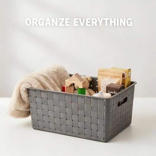 Bekith Woven Plastic Storage Baskets - 9 Pack Organizing Bins for Toys & Accessories | 10" L x 7" W x 4.4" H, Grey