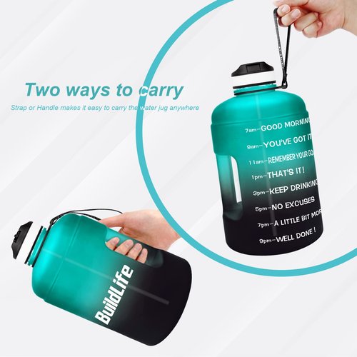 BuildLife Gallon Water Bottle with Straw - 128oz Large Water Bottles with Times to Drink More Daily - BPA Free Motivational Water Bottle 1 Gallon for Sports(Green Black,1 Gallon)