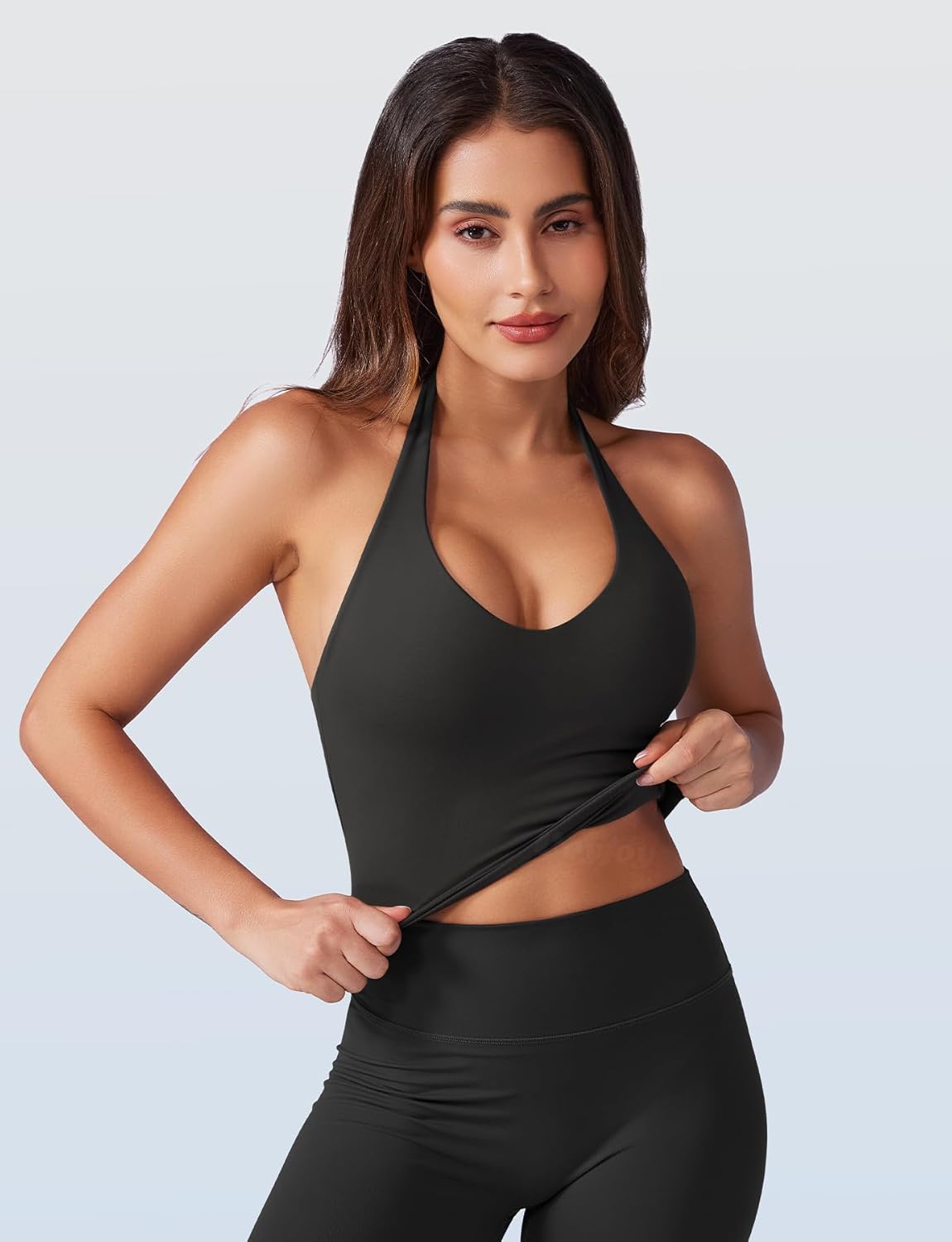 VOYJOY Halter Crop Top - Padded V Neck Backless Sleeveless Workout Tank for Yoga & Gym