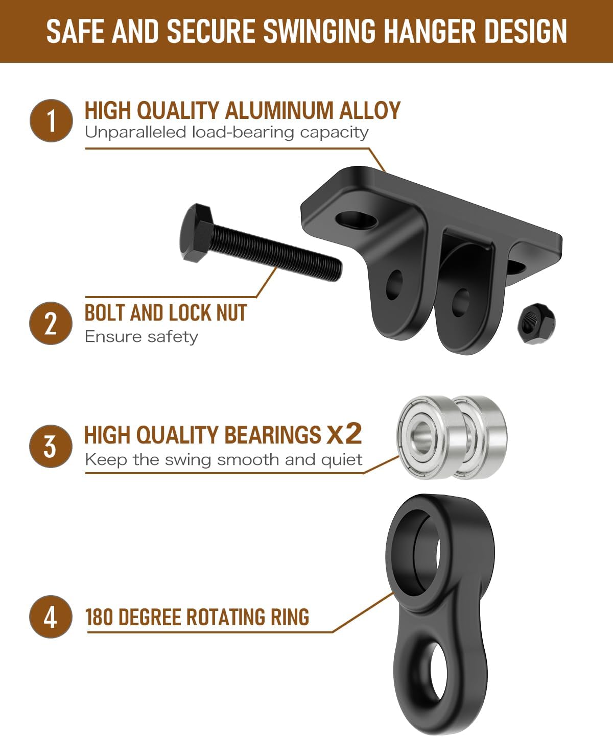 Skiennix Heavy Duty Porch Swing Hangers Kit - Durable Screws & Bolts for Indoor/Outdoor Use (2 Pack, Black)