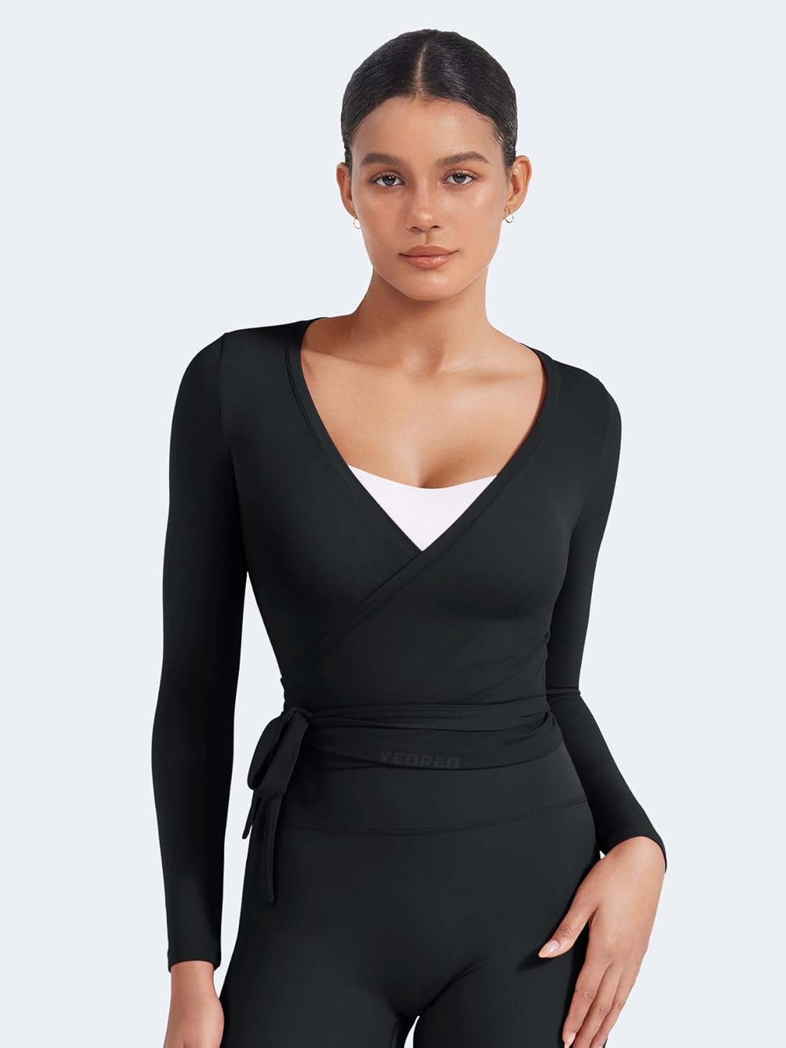 YEOREO Women's Pilates Wrap Top - Long Sleeve V-Neck Cropped Yoga Shirt in Michelie Y2K Style