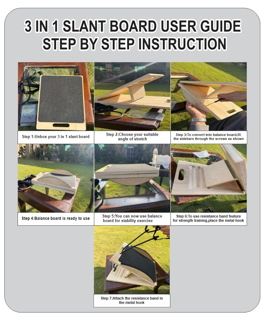 3-in-1 Portable Wooden Slant Board, Balance Board & Resistance Band – 5 Incline Angles –Incline Board – Slant board for exercise, Squats, Physical Therapy – Anti-Slip Surface, Portable, Metal Hook