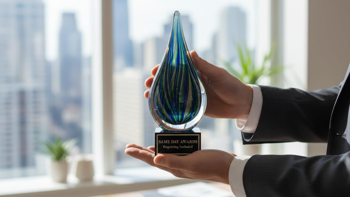 Same Day Awards Green Drop Art Glass Award