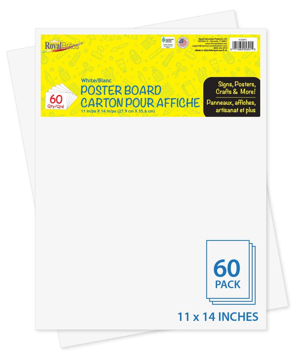 Royal Brites White Poster Board, Classic Presentation Board, 11 x 14 Inches (60 Pack)